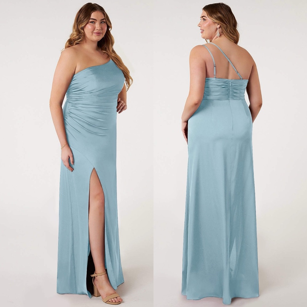 Azazie Eren Fitted One Shoulder Stretch Satin Bridesmaid Dress in Moody Blue NWT - Picture 3 of 15